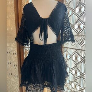 Free People Lala Black Lace Cutout Tie Front Tiered Mini Dress